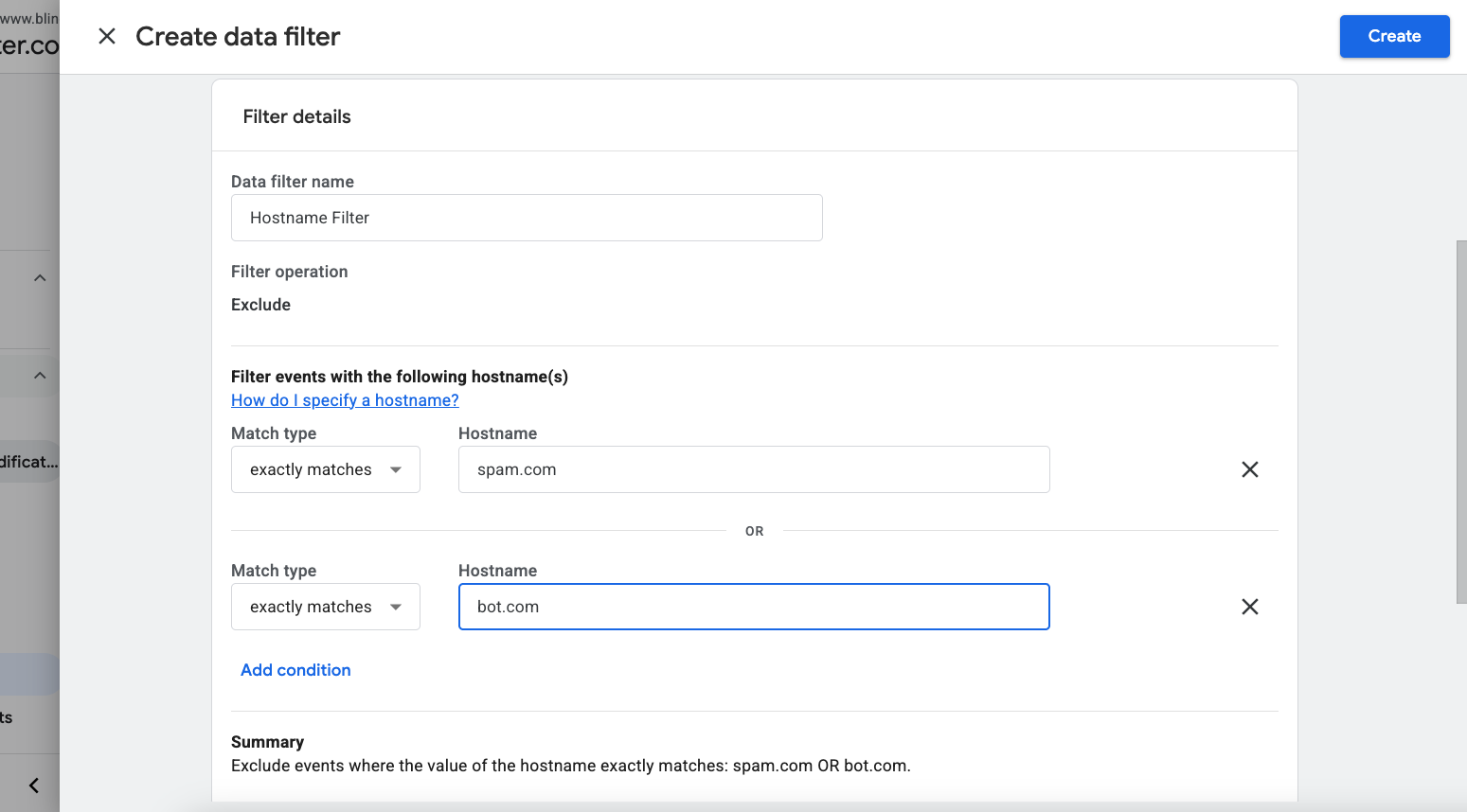 GA4 hostname filter configuration showing match type and hostname fields