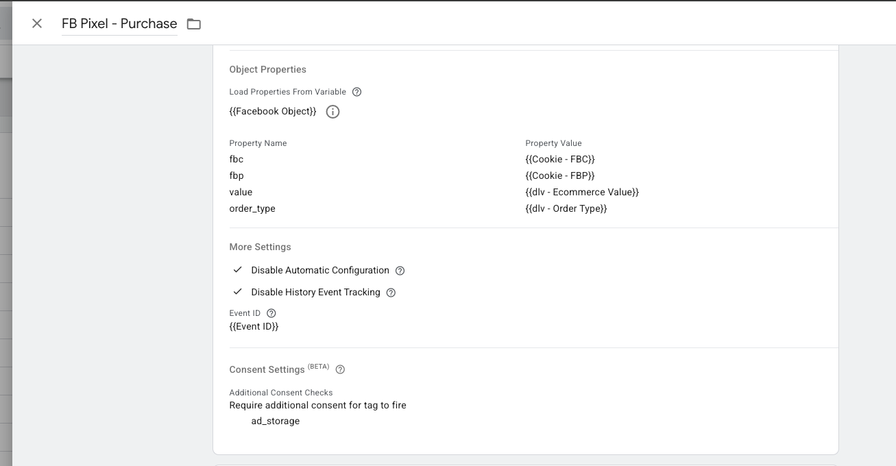 GTM Facebook Pixel Purchase tag Consent Settings showing Require additional consent for tag to fire with ad_storage configured as the required consent type