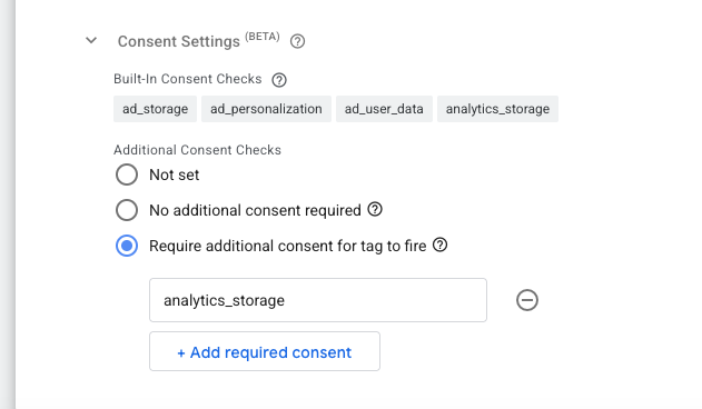 GTM GA4 tag Consent Settings showing all four built-in consent checks — ad_storage, ad_personalization, ad_user_data, analytics_storage — with Require additional consent for tag to fire set to analytics_storage