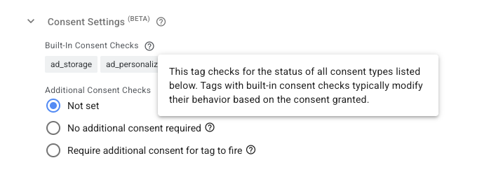 Google Tag Manager GA4 tag Consent Settings panel showing built-in consent checks for ad_storage and ad_personalization with Additional Consent Checks set to Not set