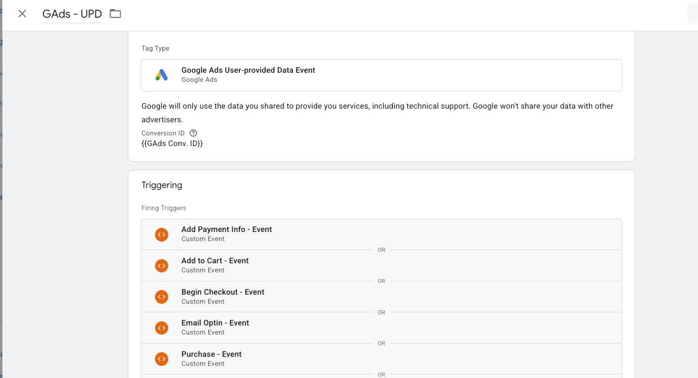 GTM Google Ads User-Provided Data Event tag showing firing triggers including Add Payment Info, Add to Cart, Begin Checkout, Email Optin, and Purchase custom events