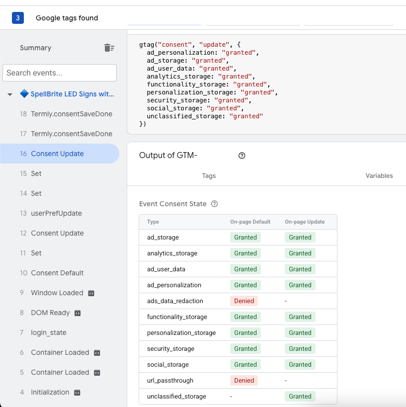 GTM Preview mode showing a Consent Update event with the Event Consent State table listing all six consent parameters — ad_storage, analytics_storage, ad_user_data, ad_personalization, functionality_storage, and personalization_storage — all set to Granted