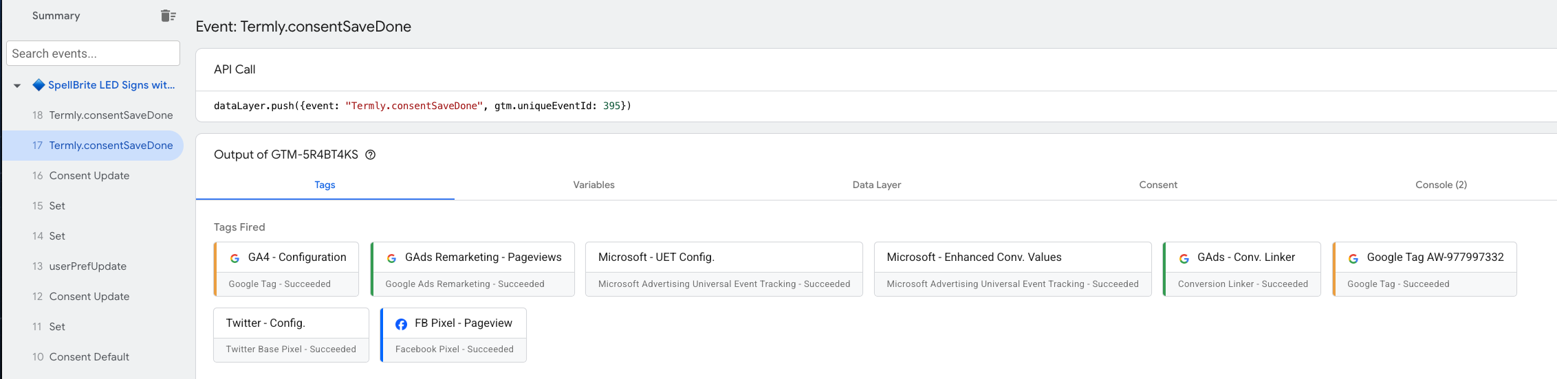 GTM Preview mode showing GA4, Google Ads remarketing, Facebook Pixel, Microsoft UET, and other tags all firing on the Termly.consentSaveDone event after user consent is granted