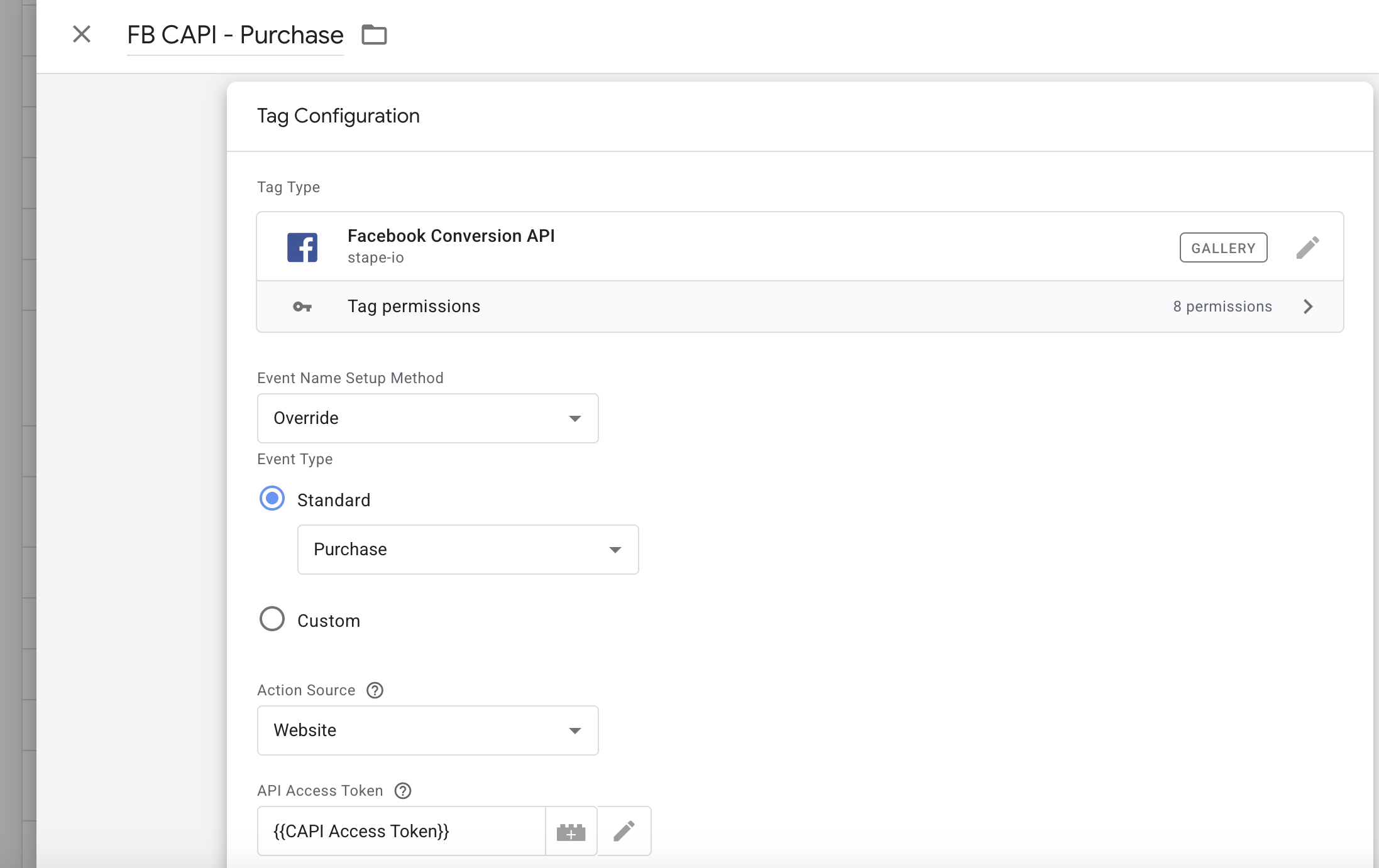 GTM server-side Facebook Conversions API tag configured for Purchase event using Stape integration