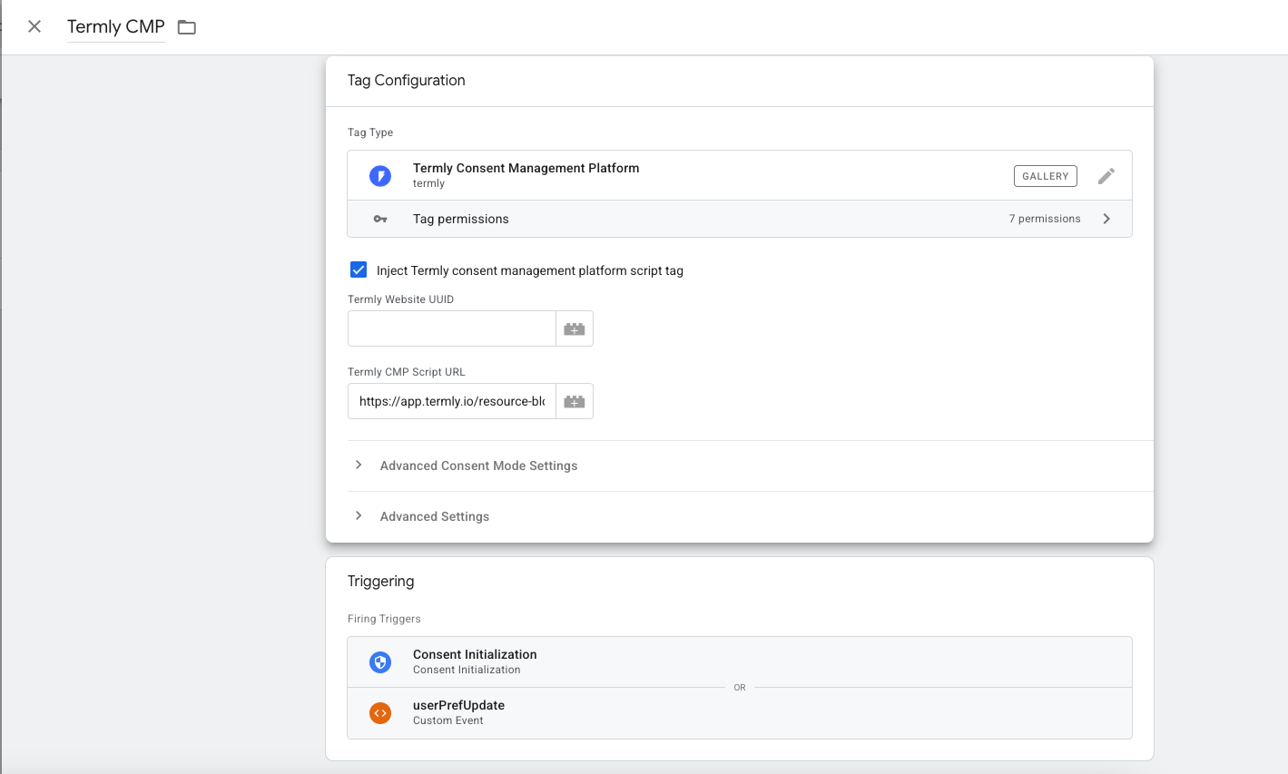 Google Tag Manager Termly CMP tag configured with Consent Initialization trigger and userPrefUpdate custom event trigger for proper consent sequencing