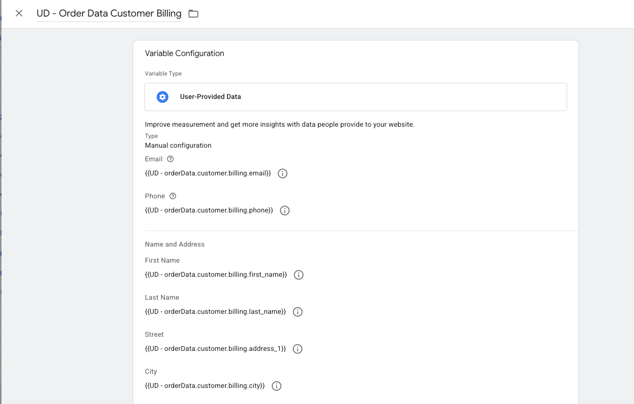 GTM User-Provided Data variable configured with manual configuration, showing email, phone, first name, last name, street, and city fields mapped to dataLayer variables